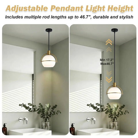 Yuniexuber 2 Pack Modern Mid Century Globe Pendant Lights, Brass Gold and Black Kitchen Island Pendant Lighting with Milk White Glass Shade, adjustable height up to 46.7".