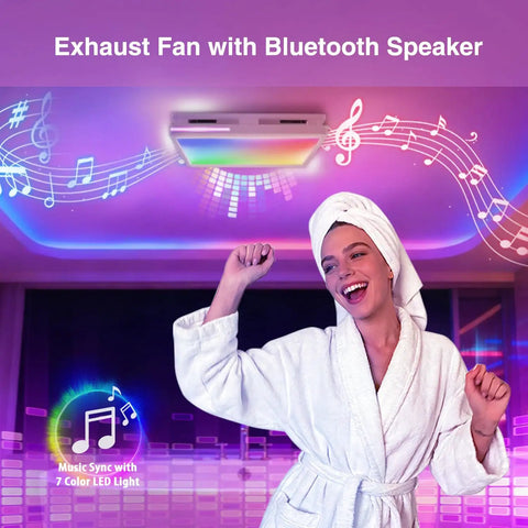Woman enjoying music under exhaust fan with Bluetooth and 7-color LED light.