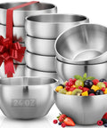 Heavy Duty Double Insulated Stainless Steel Mixing Bowls 12 Piece Bulk Set 24 Oz Matte Brushed Finish with fruits displayed.