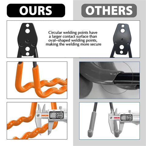 Comparison of Heavy Duty Garage Wall Hooks 31 Pack Anti Slip PVC Coated Steel Wall Mount Organizer with measurement details.
