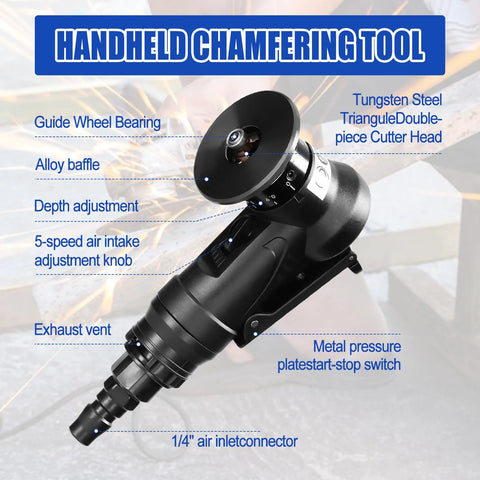 Black handheld pneumatic chamfering tool with 1/4 inch air inlet for metal and wood beveling
