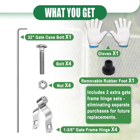 Chain Link Gate Drop Rod Kit One And Three Eighths Inch By Thirty Two Inch Cane Bolt For Single Or Double Gate Heavy Duty Galvanized Steel Rust Resistant Ground Latch Fence Drop Pin With Extra Two Gate Frame Hinges contents displayed