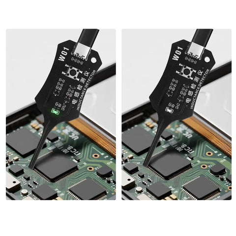 Inductance Tester Pro detecting coil faults on a PCB, showing circuit board usage, compact size, Type-C powered, reliable performance.