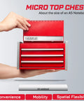 Compact red 106 Piece Impact Screwdriver Bit Set With Three Drawer Steel Toolbox held by hand, A5 notebook size comparison