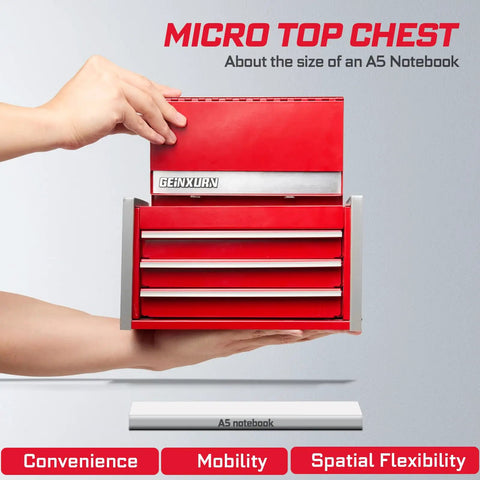 Compact red 106 Piece Impact Screwdriver Bit Set With Three Drawer Steel Toolbox held by hand, A5 notebook size comparison