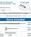 Cable Railing Hardware Kit With Drop Pin Turnbuckles And T316 Stainless Steel Tensioners For Metal Posts, Angle Adjustable 180 Degrees, Dope For Deck Cable Railing Systems, Stairs, Corner Posts, And Long Runs, 40 Pack shown with components and measurements.