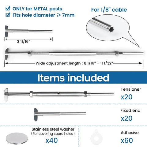 Cable Railing Hardware Kit With Drop Pin Turnbuckles And T316 Stainless Steel Tensioners For Metal Posts, Angle Adjustable 180 Degrees, Dope For Deck Cable Railing Systems, Stairs, Corner Posts, And Long Runs, 40 Pack shown with components and measurements.