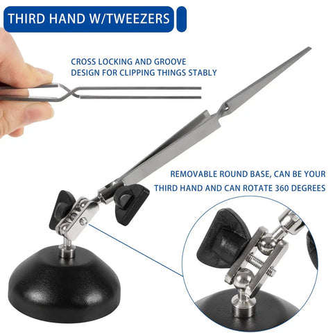 Jewelry Soldering Kit With Silver Solder Wire And Butane Torch, third hand tweezer with round base on white background
