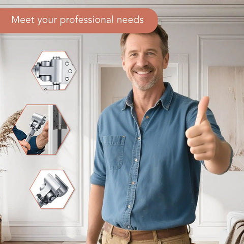 Man giving a thumbs up with images of Adjustable Stainless Steel Door Hinge Tool Quick Fix for Indoor and Outdoor Doors.