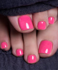 CurvLife Hot Pink Press On Toenails Short Square Glossy Soft Gel Fake Nails With Adhesive Tabs Natural Fit Reusable Salon Quality Toe Nails For Women Electric Fuchsia super cute short square toenails on feet.