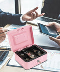 Locking Steel Cash Box With Removable Coin Tray And Key Lock Pink Medium Safe For Cash Or Tips on office table