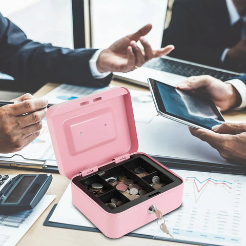 Locking Steel Cash Box With Removable Coin Tray And Key Lock Pink Medium Safe For Cash Or Tips on office table