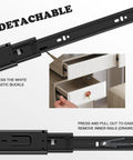 Sixteen Inch Full Extension Drawer Slides Set With Ball Bearing, Built Tough, easy detach feature shown, black finish.