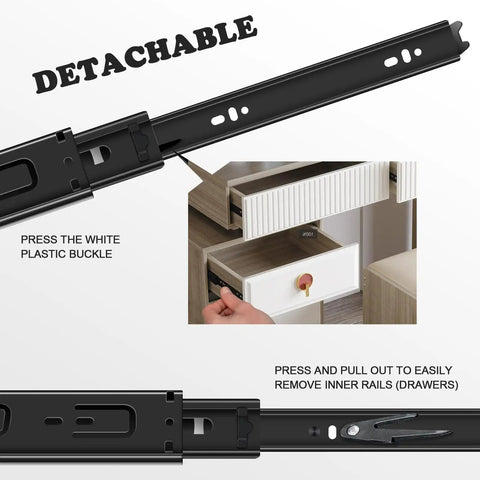 Sixteen Inch Full Extension Drawer Slides Set With Ball Bearing, Built Tough, easy detach feature shown, black finish.