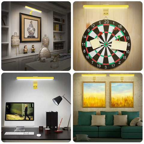 Wireless Picture Light Battery Powered With Remote Dope Dimmable 16 Inch Wall Lamp in gold finish illuminating artwork and decor.