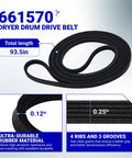 High Grade Dryer Repair Kit Featuring Smooth Idler Pulley Replacement And Tough Four Rib Drum Belt For 27 And 29 Inch Machines - 93.5 inch rubber drive belt with four ribs.