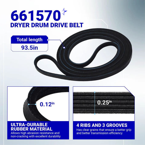 High Grade Dryer Repair Kit Featuring Smooth Idler Pulley Replacement And Tough Four Rib Drum Belt For 27 And 29 Inch Machines - 93.5 inch rubber drive belt with four ribs.