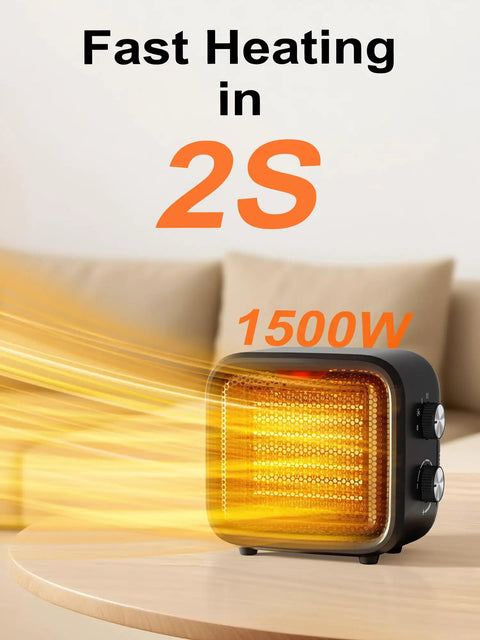 Dope Portable 1500W Desk Space Heater With PTC Ceramic Heating, 2 Second Fast Warmth, shown on a table with heat waves
