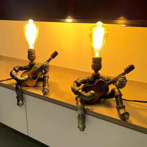 Steampunk Guitar Table Lamp For Music Lovers, Industrial Pipe Edison Bulb Nightstand Light, Retro Metal Guitar Decor, lamp on shelf