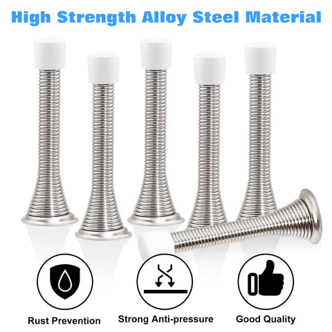 Six Pack 3.2 Inch Spring Door Stopper Heavy Duty Door Stop With Rust Proof Screws And Rubber Bumper Tips Wall Saver For Home Office And Kids Room Easy Install Satin Nickel Finish