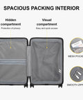 LEVEL8 hard-shell carry-on luggage interior view, 20-inch, black with grey mesh pockets