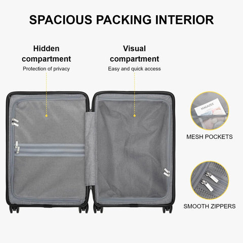LEVEL8 hard-shell carry-on luggage interior view, 20-inch, black with grey mesh pockets