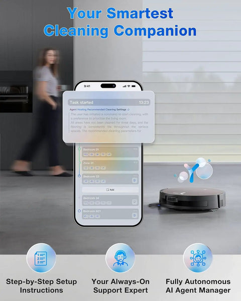 X11 OmniCyclone Robot Vacuum And Mop With Auto Empty Station shown alongside smartphone interface