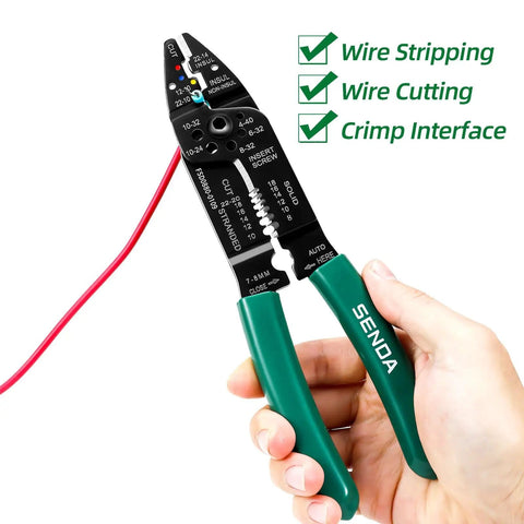 All In One 8 Inch Wire Stripper And Crimp Tool For 8 To 22 AWG Solid And Stranded Wire held by a hand, green ergonomic handles