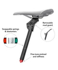 ShockStop Pro Endurance Suspension Seatpost 27.2mm By 350mm With 35mm Travel showing swappable springs and removable mud guard