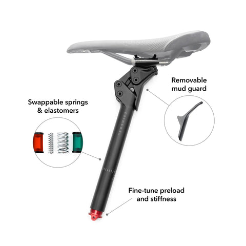 ShockStop Pro Endurance Suspension Seatpost 27.2mm By 350mm With 35mm Travel showing swappable springs and removable mud guard