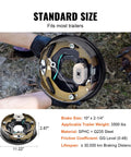 Electric trailer brake assembly with backing plate and wiring, 10 x 2-1/4 in, held by gloved hands.