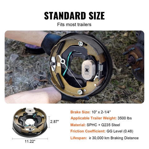 Electric trailer brake assembly with backing plate and wiring, 10 x 2-1/4 in, held by gloved hands.