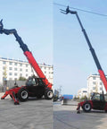 Heavy Duty Hydraulic Telehandler With Extendable Boom Loader Built Ridiculously Tough For Busy Work Sites featuring long boom in action.