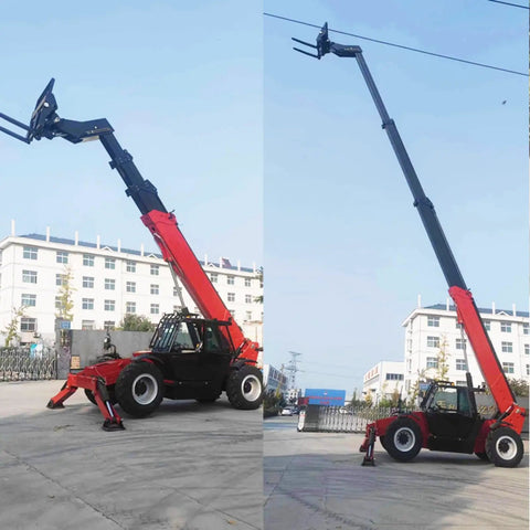 Heavy Duty Hydraulic Telehandler With Extendable Boom Loader Built Ridiculously Tough For Busy Work Sites featuring long boom in action.
