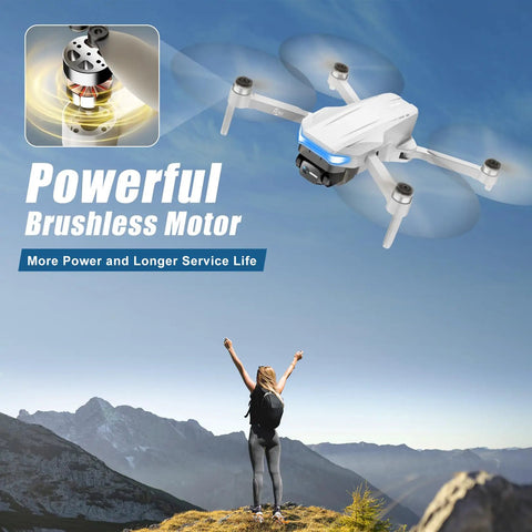 4K Camera Drone With GPS Auto Return, orbit mode, gesture control highlighted flying over mountains with backpacker beneath