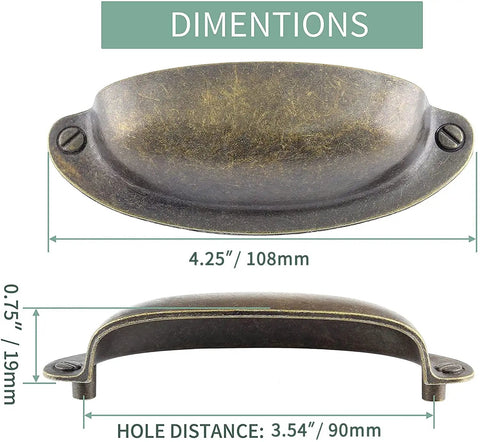 Hella Sleek Vintage Cabinet Cup Pulls Six Pack With 3.5 Inch Hole Centers Antique Bronze Zinc Alloy, dimensions shown.