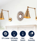 Gold Brass Industrial Swing Arm LED Wall Sconce For Bedroom And Reading Nook, Adjustable Metal Shade, 2-Pack mounted above bed