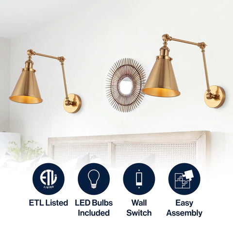 Gold Brass Industrial Swing Arm LED Wall Sconce For Bedroom And Reading Nook, Adjustable Metal Shade, 2-Pack mounted above bed