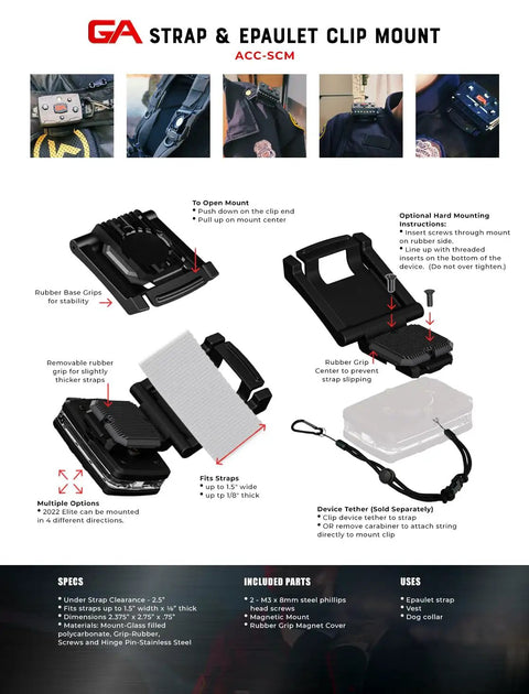 Hands Free Flashlight Strap Mount With Epaulet Clip For Uniform Epaulets And Shoulder Straps Magnetic Mount With Screw In Feature Easily Snaps Around Straps And Dog Collars For Maximum Visibility And Safety On The Job, detailed view with instructions and components.