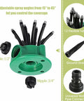 360 Degree Automatic Rotating Lawn Sprinkler With Three Quarter Inch Connector Delivers Even Wide Coverage For Large Lawns Gardens Yards Courtyards And Vegetable Plots No Fuss Easy Setup Durable ABS Plastic showing green base with 12 flexible tubes and connector accessories