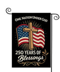 Blessings America Garden Flag 12x18 Burlap Double Sided with cross and American flag, "One Nation Under God, 250 Years Of Blessings".