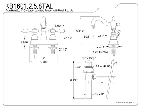 Technical drawing of Polished Brass Four Inch Centerset Lavatory Faucet With ABS Brass Pop Up No Fuss, dimensions labeled