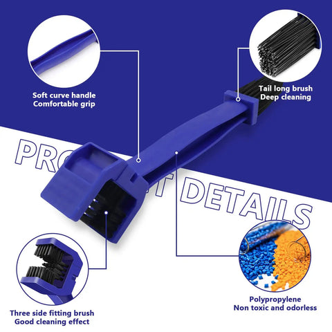 Close-up of blue heavy duty three-sided bristle design scrub tool from Four Piece Bike Chain Washer Cleaner Set With Four Color Brushes