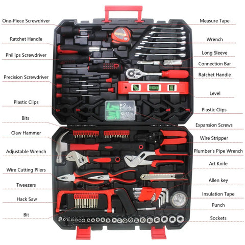 239-Piece All In One Home Tool Set With Carrying Case for DIY repairs shown open with assorted hand tools visible inside.