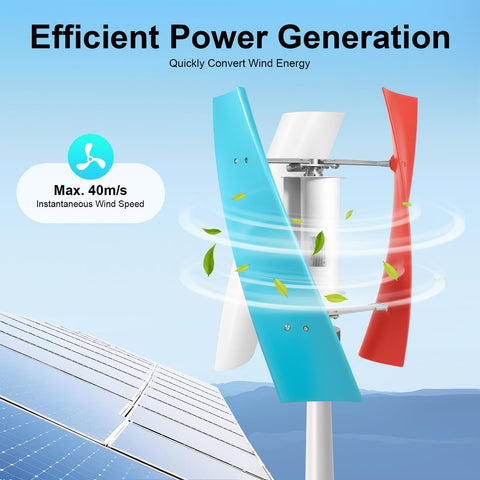 400W Wind Turbine Generator Kit With 3 Blades, 12V Vertical Axis System next to solar panels for efficient energy generation
