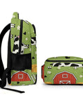 Side view of Green Grass Farm Cartoon Printed Unisex Backpack with cow and barn design, large capacity, durable polyester