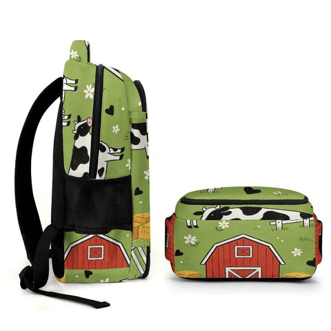 Side view of Green Grass Farm Cartoon Printed Unisex Backpack with cow and barn design, large capacity, durable polyester