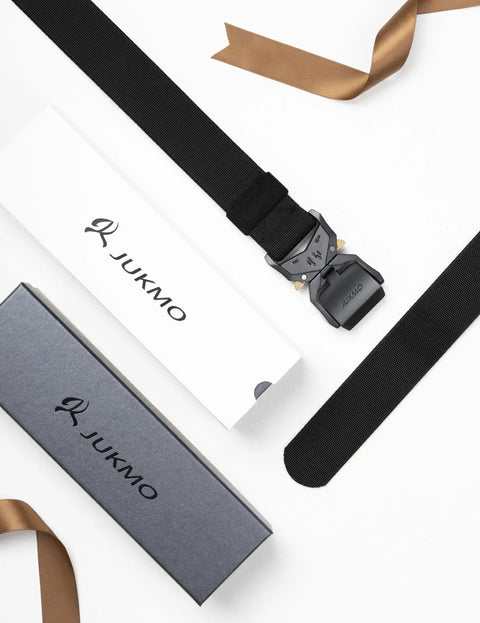 Rugged 1.5 Inch Nylon Tactical Belt With Quick Release Aluminum Buckle displayed with packaging and gift ribbon