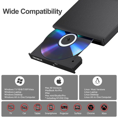 Dope External CD DVD Drive for Laptop USB 3.0 CD ROM DVD RW Burner Plug and Play No Driver Needed Portable Optical Drive for Mac and Windows with USB C and USB A Cable, open tray