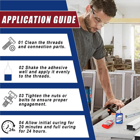 Application guide for heavy duty thread locker kit showing steps for proper use.